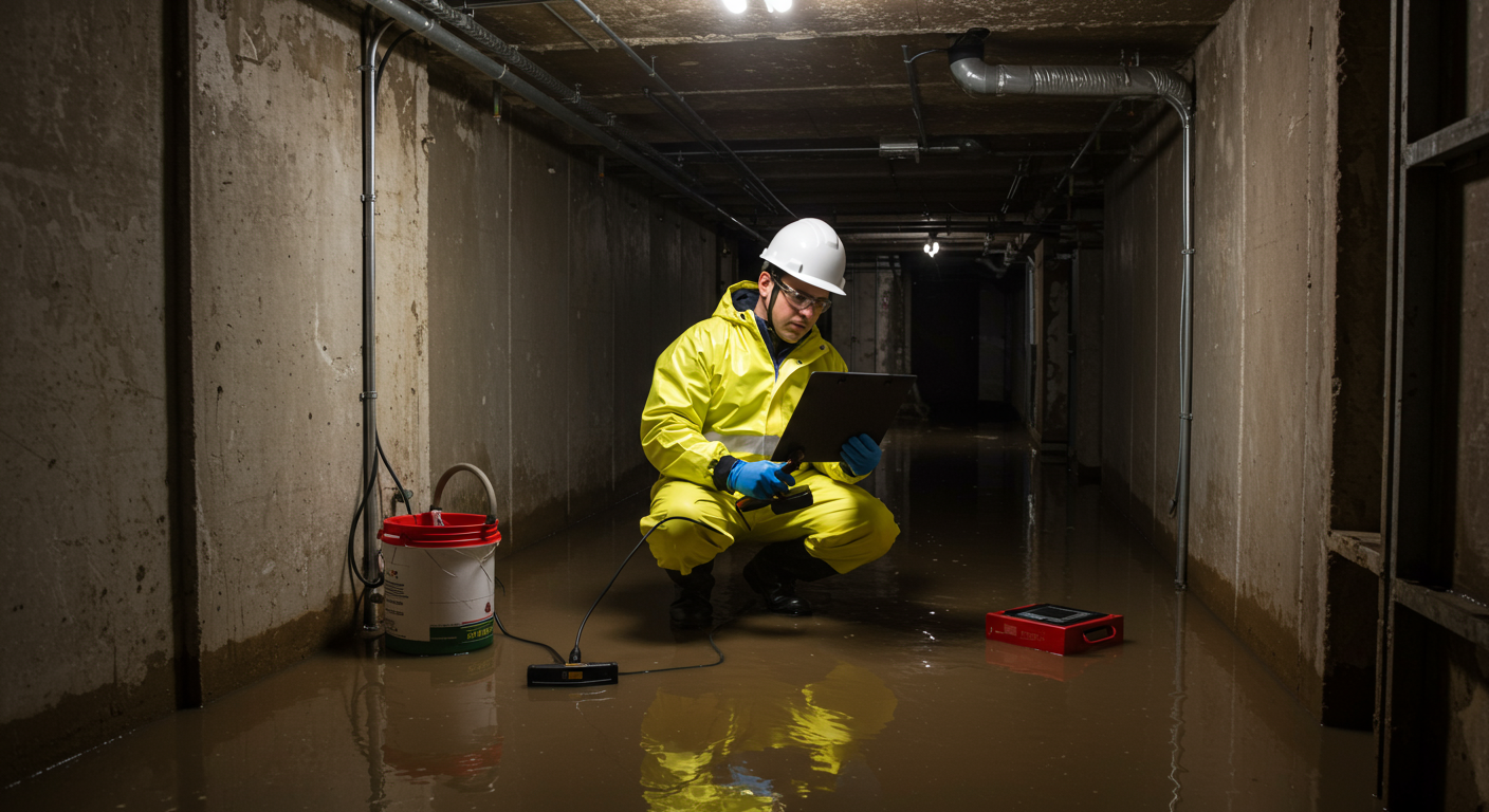 A professional water damage assessor examining a flooded basement with moisture detection equipment.