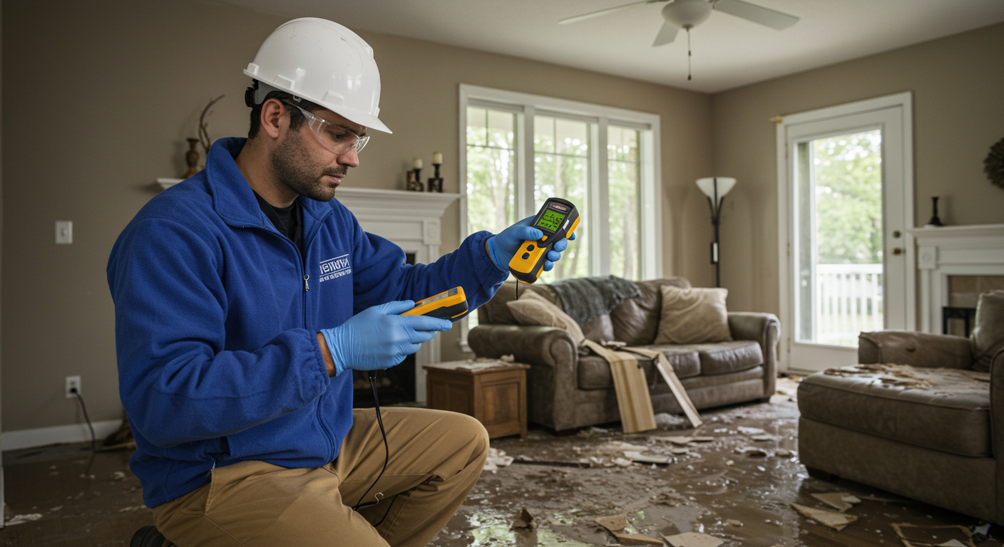 A technician inspecting a home for water damage, using tools like moisture meters and infrared cameras. The background shows a flooded living room with visible water stains and damaged furniture.
