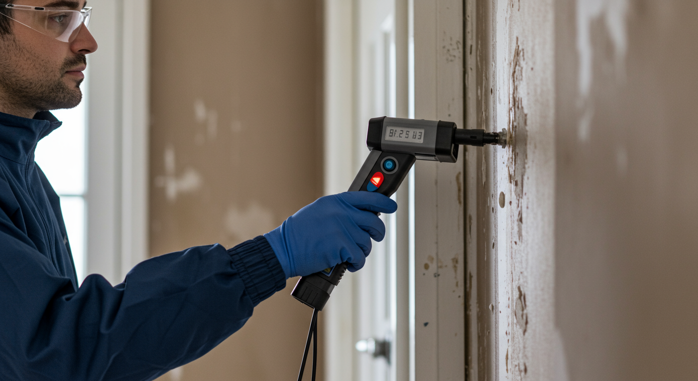 A close-up shot of a restoration expert inspecting water-damaged walls with moisture detection equipment. This image emphasizes the thorough assessment process that professionals undertake.