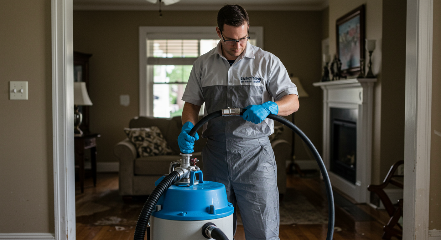 A professional restoration technician is seen using advanced equipment to extract water from a flooded living room. The focus is on the technician's concentrated expression, showcasing expertise and care.