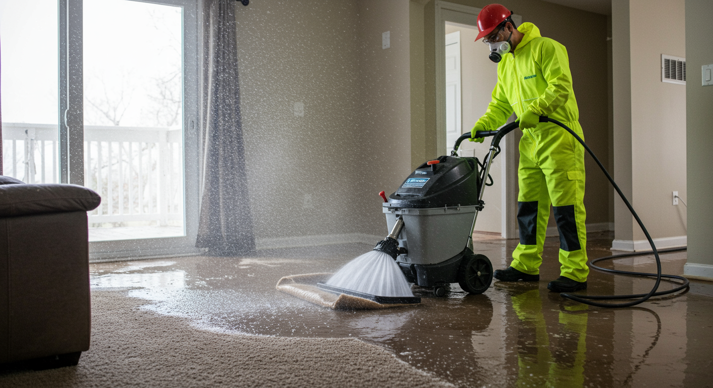 A professional technician in safety gear using a high-powered water extraction machine in a flooded residential area.