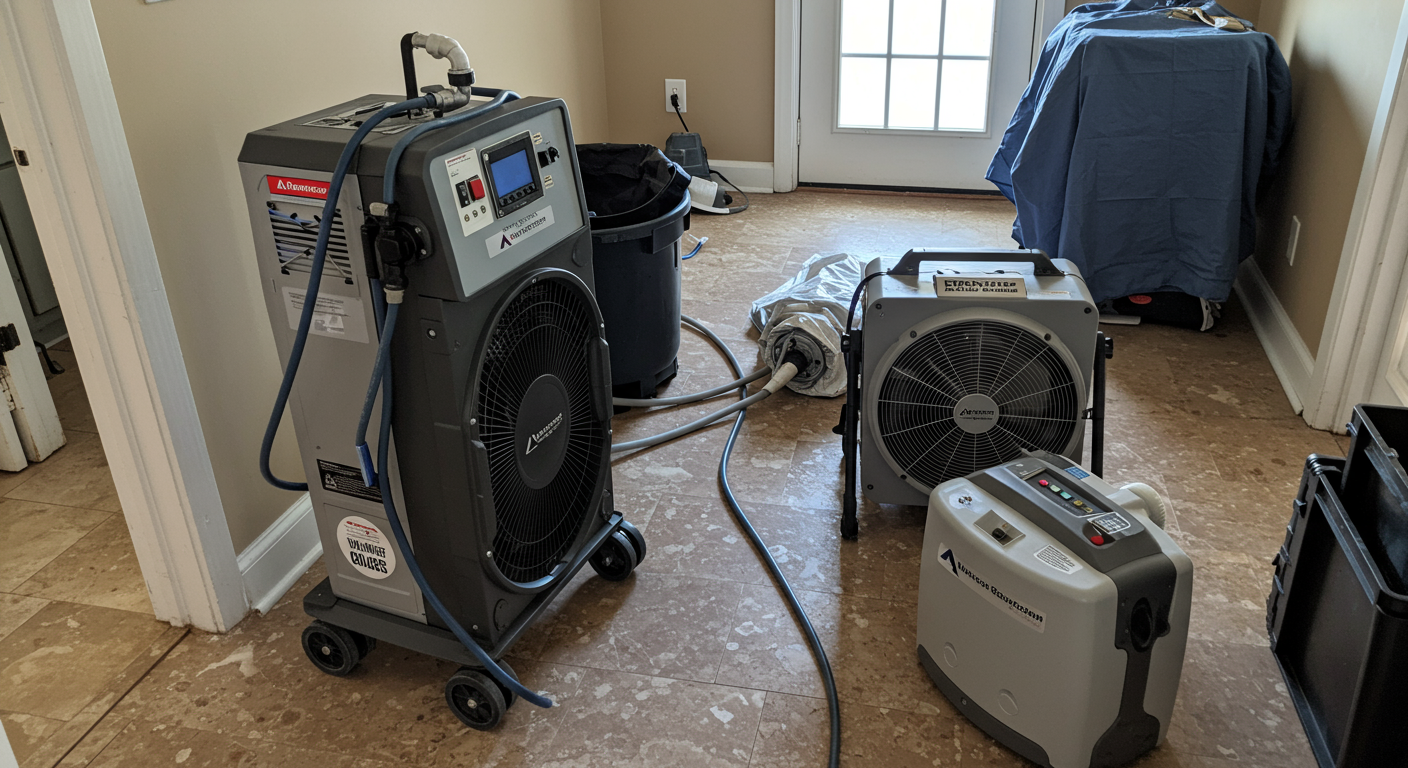 A high-quality image of advanced water damage restoration equipment in use, such as industrial fans and dehumidifiers, set up in a home environment.