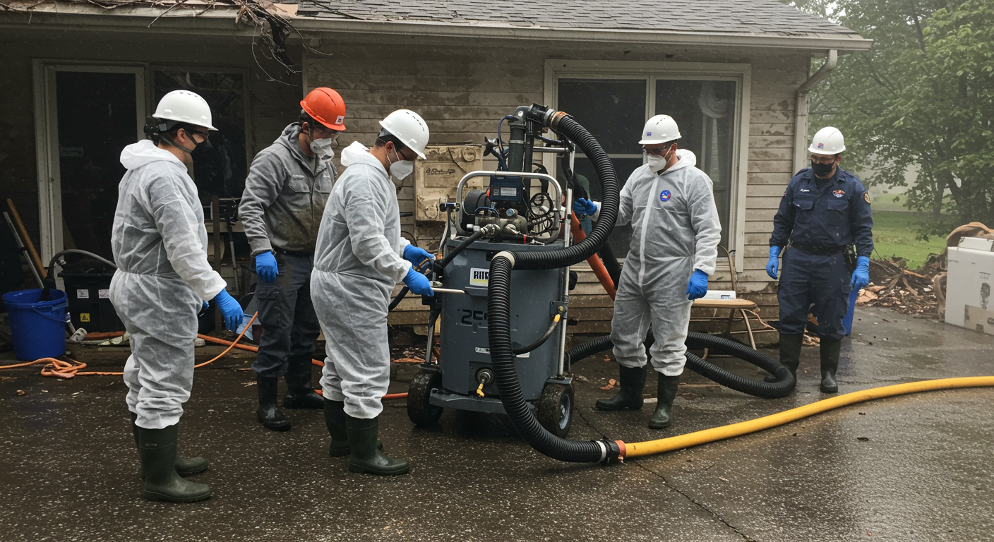 A team of restoration professionals in safety gear working diligently at a water-damaged home, using equipment to extract water and assess damage.