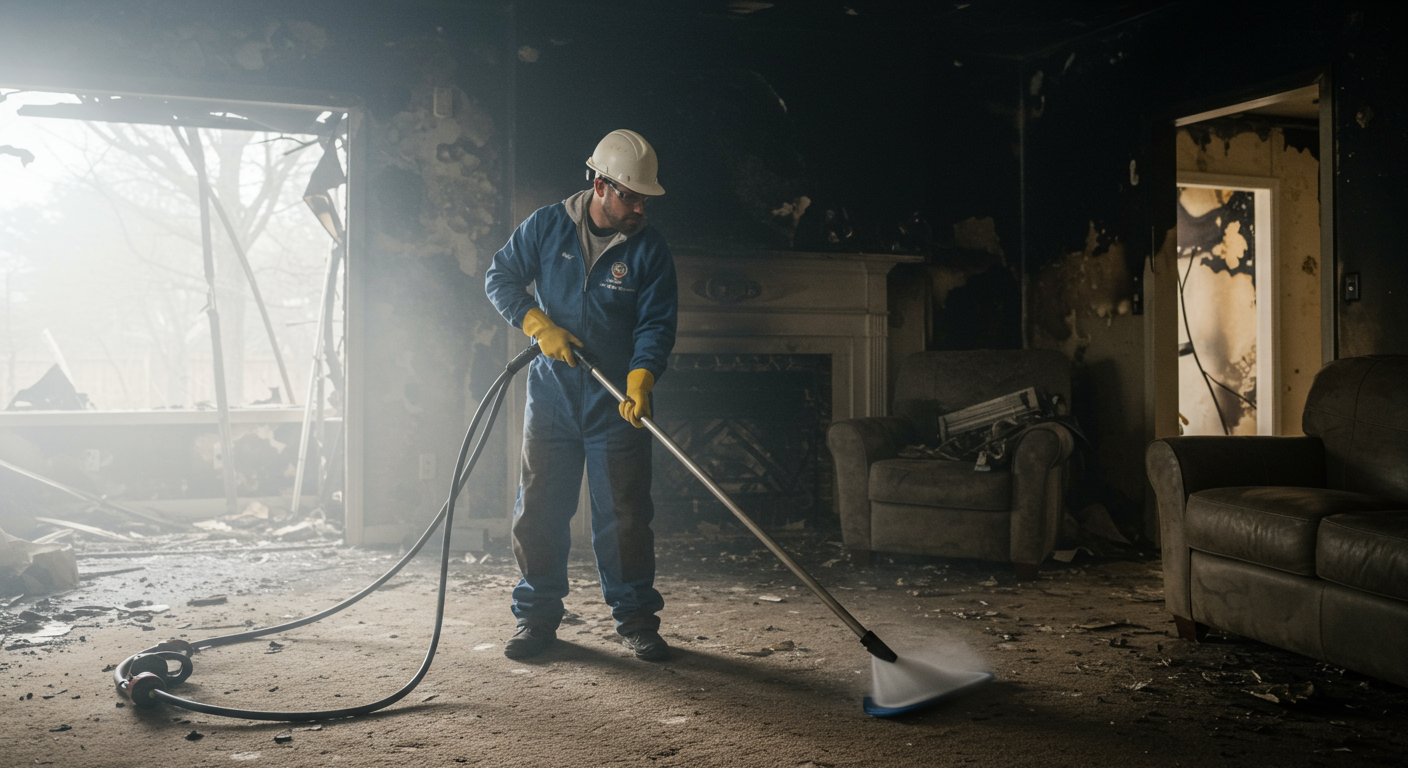 A professional restoration technician is seen using specialized equipment to clean up after a fire in a residential living room. The image captures the technician focused on removing soot and debris, with visible fire damage in the background.