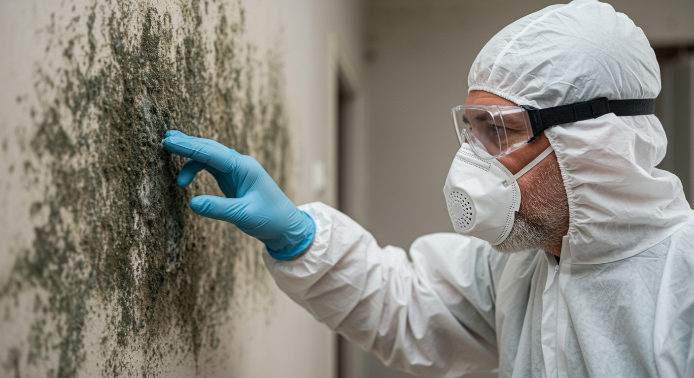 A technician wearing protective gear inspecting a wall for mold, with visible mold growth in the background.
