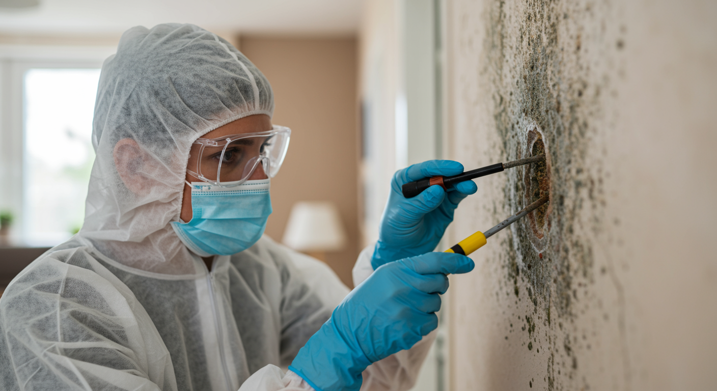 A close-up of a technician in protective gear inspecting a wall for mold growth.