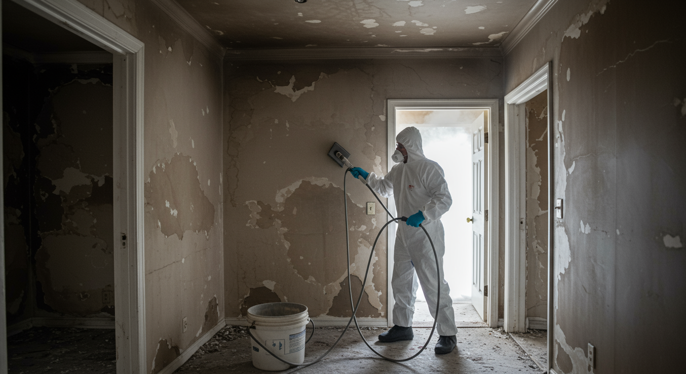 A professional restoration technician in protective gear actively cleaning smoke-damaged walls in a home. The technician is using specialized equipment, showcasing the restoration process.