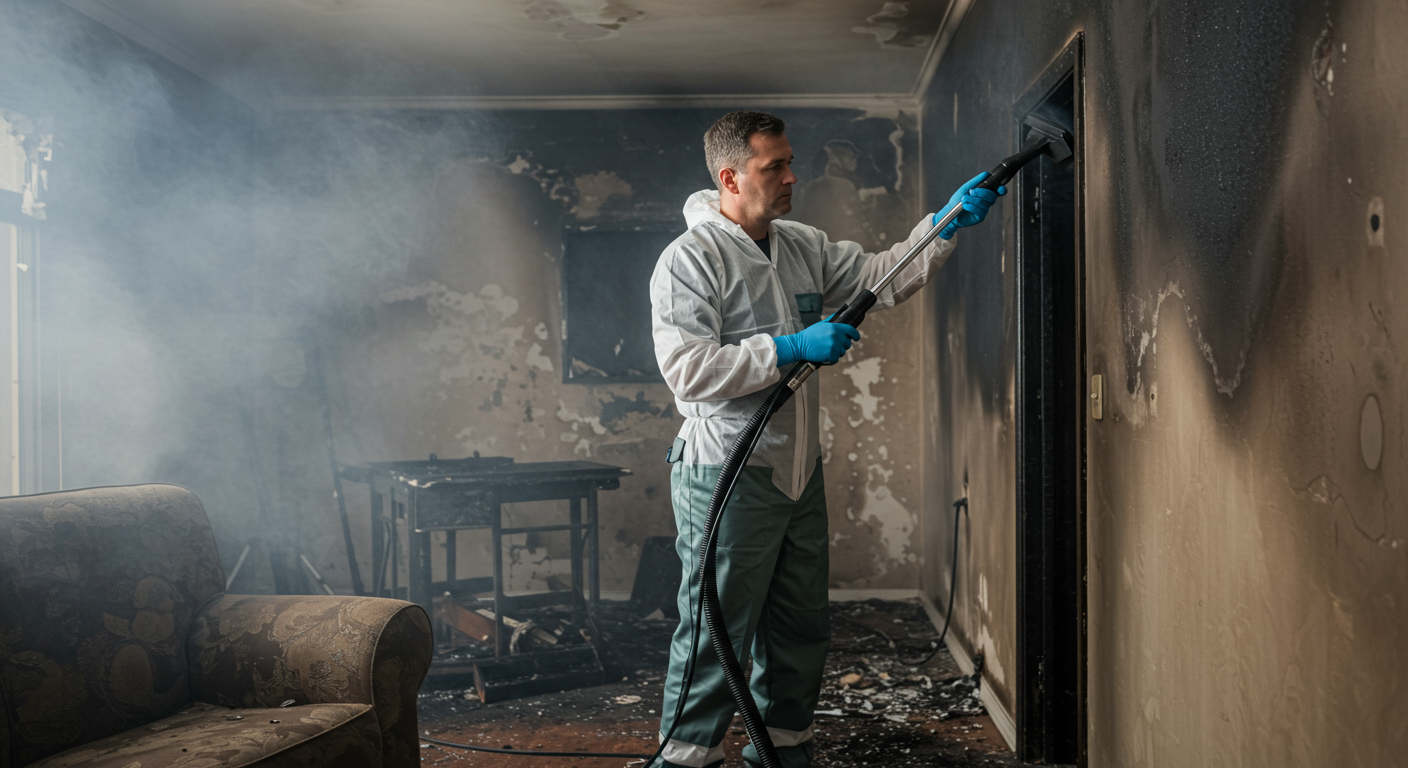 A restoration expert using specialized equipment to clean smoke damage from walls in a residential setting.