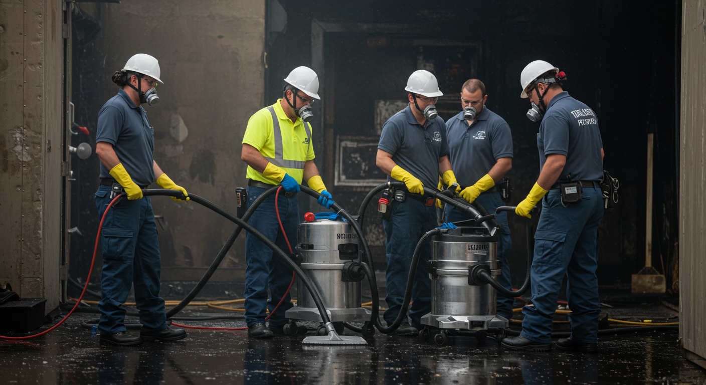 A team of restoration experts working together to clean up after a fire, using specialized equipment like vacuums and air scrubbers. The image captures teamwork and urgency.