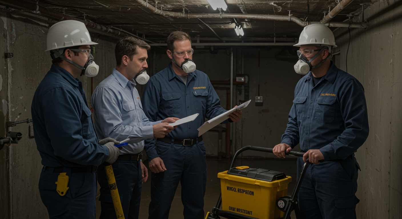 A team of certified technicians collaborating in a water-damaged basement, discussing the restoration plan while using advanced equipment.